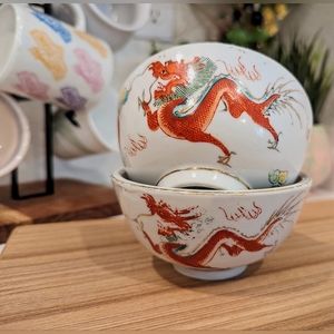 Vintage Chinese Red Dragon Bowls Set of 2 Luo Sen Jian Zhi Hand Painted Dragon